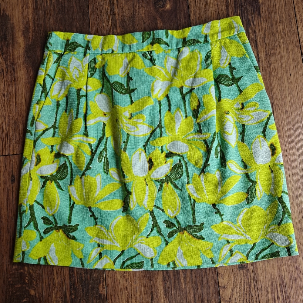 J. Crew Cotton Tweed Floral Mini Skirt Women's 4 Pleated Yellow Seafoam Woven